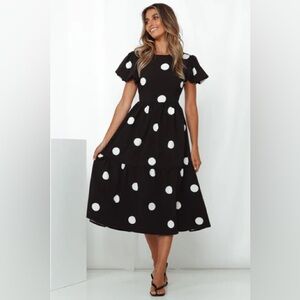 Hello Molly Black and White Polka Dot Open Back Short Sleeve Midi Dress